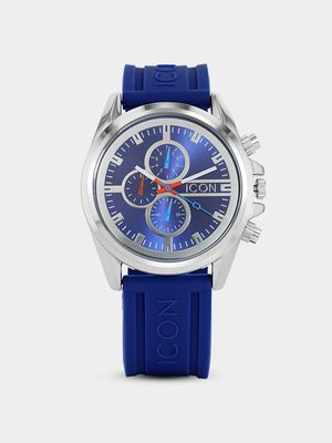Icon Men’s Silver Plated Blue Multi Dial Blue Silicone Watch