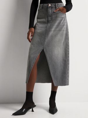 News Denim Front Slit Midi Skirt