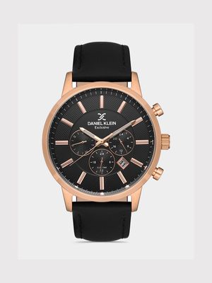 Daniel Klein Men's Rose Plated & Black Leather Chronograph Watch