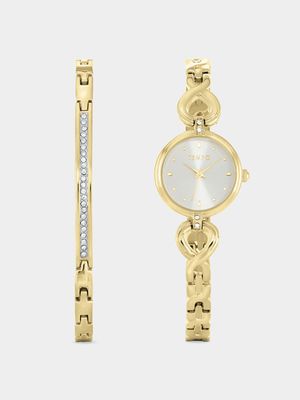 Tempo Woman's Silver Dial Gold Plated Watch 2 Piece Set