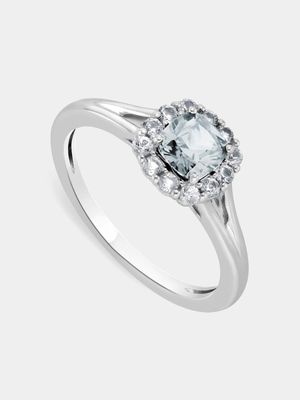 Sterling Silver Diamond & Aquamarine Cushion Halo Ring