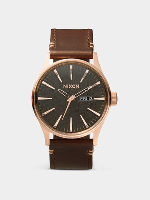 Nixon Men's Sentry Leather Rose Gold Plated, Gunmetal & Brown Stainless Steel Watch