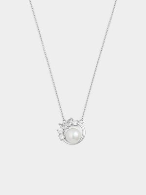 Sterling Silver Freshwater Pearl Cubic Zirconia Circle Pendant