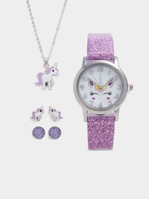 Girl's Lilac Unicorn Watch, Necklace & Earrings Set