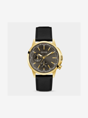 Guess Spec Gold Plated Gunmetal Dial Black Leather Watch