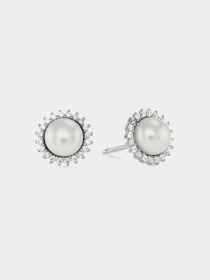 Sterling Silver Freshwater Pearl & Cubic Zirconia Daisy Stud Earrings