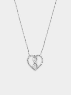 Sterling Silver Diamond & Created Sapphire Heart Halo Pendant