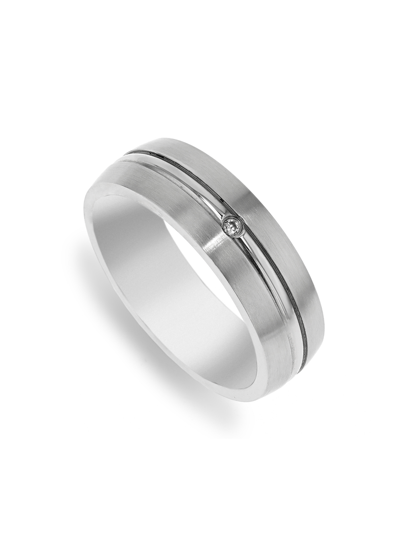 Stainless Steel & Cubic Zirconia Centre Groove Men's Ring - Bash.com