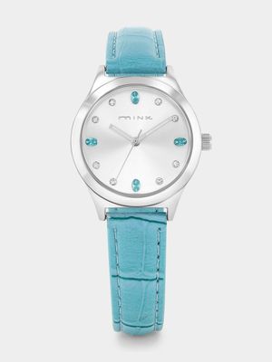 Minx Silver Plated Silver Dial Baby Blue Faux Leather Watch