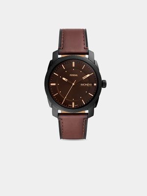 Fossil Men's Machine Black Toned & Brown Leather Watch