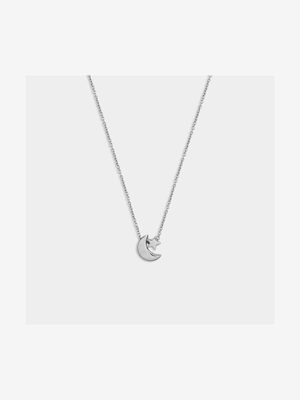 Rhodium Plated Star & Moon Pendant Necklace
