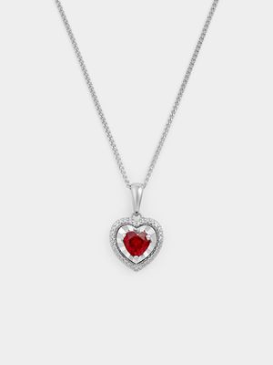 Sterling Silver Diamond & Created Ruby Heart Halo Pendant