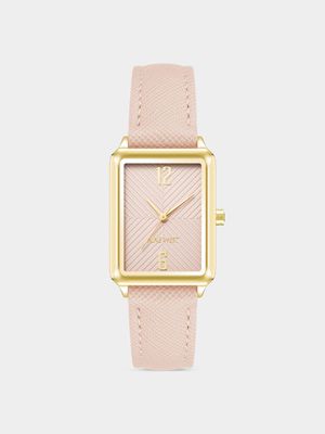Nine West Women's Gold Plated & Pink Rectangular Vegan Leather Watch