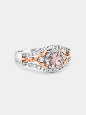 Rose Gold & Sterling Silver Pink Cubic Zirconia Wishbone Ring