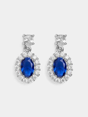 Rhodium Plated stud with Blue Centre stone & white CZ's Earrings
