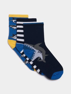 Boy's Blue Shark Print 3-Pack Anklet Socks