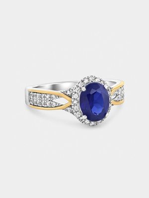 Yellow Gold & Sterling Silver Diamond & Created Blue Sapphire Oval Halo Ring