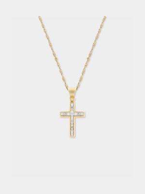 Yellow Gold & Sterling Silver, Modern Cubic Zirconia Cross Pendant on chain