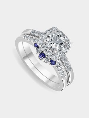 Sterling Silver Diamond & Created Sapphire Cushion Twinset Ring