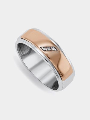 9CT Rose Gold & Sterling Silver Men's Diamond & Created Sapphire Wedding Band