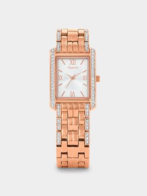 Tempo Timepiece Collection Rose Plated Silver Dial Rectangle Bracelet Watch