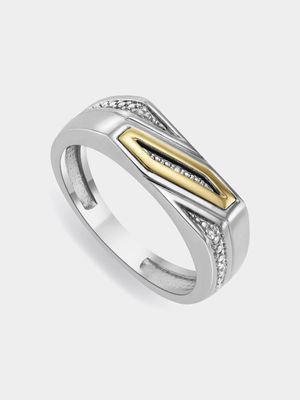 5ct Yellow Gold & Sterling Silver Men's Diamond Geometric Design Dress Ring