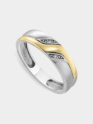 Yellow Gold & Sterling Silver Men's Curve Design Diamond Wedding Band