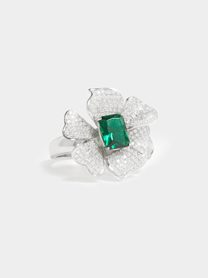 Silver Plated Floral Ring Emerald Green Baguette