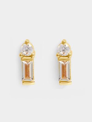 18ct Gold Plated Round & Baguette Dainty Stud Earring