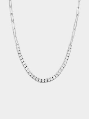 Sterling Silver Cubic Zirconia Paperclip Link Tennis Necklace