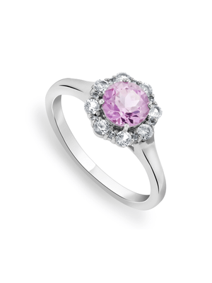 Sterling Silver Diamond & Created Pink Sapphire Women’s Round Halo Ring