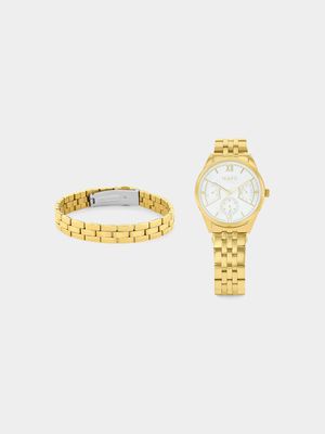 Tempo Gold Plated Silver Dial Bracelet Watch & Bracelet Set