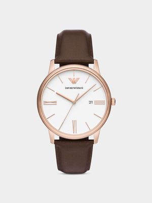 Emporio Armani Rose Plated Stainless Steel Brown Leather Watch
