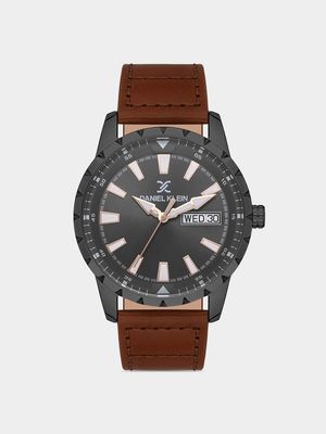 Daniel Klein Gunmetal Plated Grey Dial Brown Leather Watch