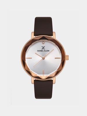 Daniel Klein Rose Plated White Dial Brown Leather Watch