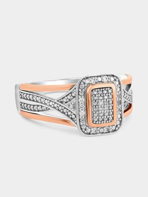 Rose Gold & Sterling Silver Diamond & Created Sapphire Rectangle Pavé Ring