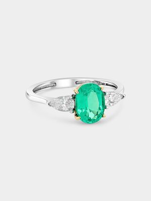 White & Yellow Gold Lab Grown Emerald & Moissanite Women’s Oval Trilogy Ring