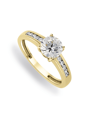 Yellow Gold, Classic Cubic Zirconia Dress Ring with Side Accent