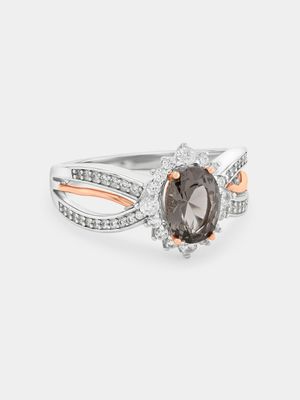 Sterling Silver & Rose Gold Women’s Grey Cubic Zirconia Twisted Halo  Ring