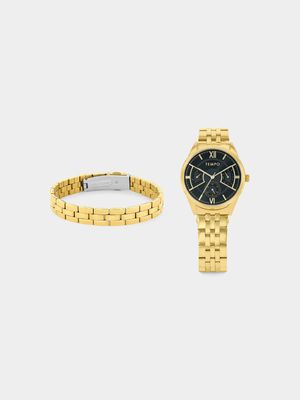 Tempo Gold Plated Black Dial Bracelet Watch & Bracelet Set