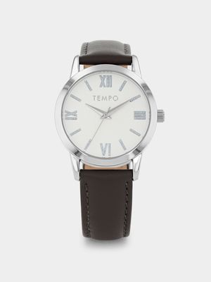 Tempo Women’s Silver Plated White Dial Brown Leather Watch