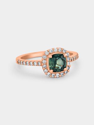 Rose Gold Diamond & Natural 1.31ct Teal Sapphire Cushion Halo Women’s Ring