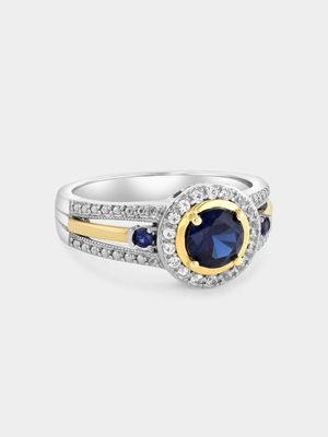 Yellow Gold & Sterling Silver Diamond & Created Blue Sapphire Round Halo Ring