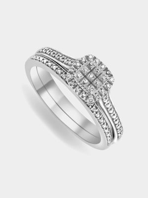 White Gold Diamond Halo Women's Cushion Twinset Ring