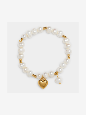 Premium Gold Plated fresh water pearl and heart charm stretchy bracelet
