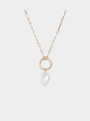 18ct Gold Plated Dainty Paperclip Pearl on Ring Neckpiece