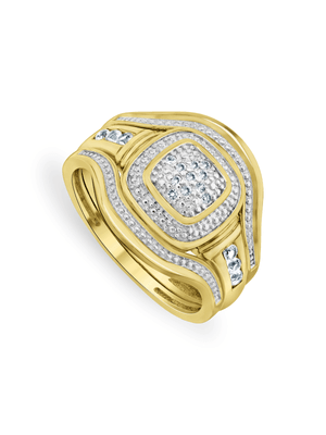 Yellow Gold Diamond and Created Sapphire Cushion Chess Women’s Triple Set Ring