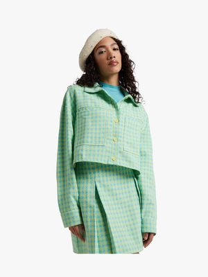 Women's Green & Blue Gingham Cropped Boucle Shacket