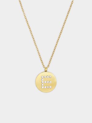 18ct Gold Plated Waterproof Stainless Steel CZ E Initial on Disk Pendant