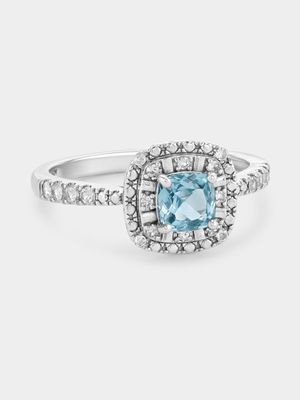Sterling Silver Diamond & Created Aquamarine Cushion Halo Ring